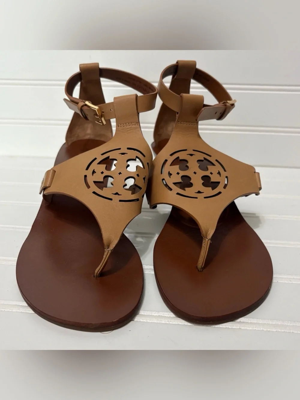 TORY BURCH Zoe Brown Leather Wedge Heel T Strap Sandals Shoes Womens Size 7 M